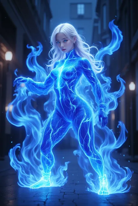 bailing_fire,composed of fire elements,fire element,girl made of blue flames,Fire Skin,surrounded by blue flames.,
blue fire,blue flame,the person in the image is a young woman with long blonde hair and striking blue eyes.,
she is standing in a dark room w...