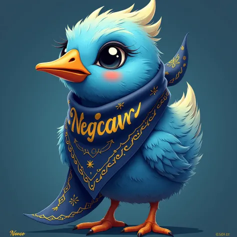 create a bandana scarf with the word NEGAV, the main color is blue with gold, in the shape of a chick, cool theme