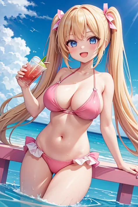 1 girl, best quality, masterpiece, 8K, high res, cute, shiny skin, satin bikini, pink bikini, (navel:1.2), midriff, bare stomach, huge breasts, long hair, blonde hair, twintail, blue eyes, holding drink, smile, open mouth, pool,