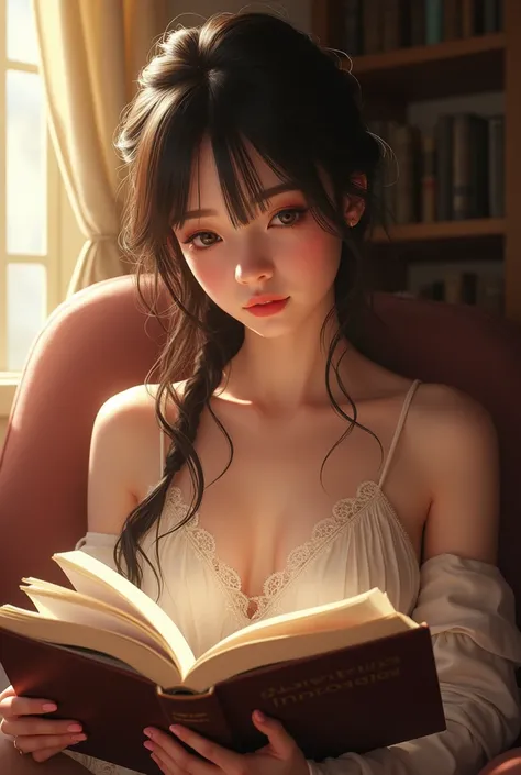 A beautiful woman again casually reads a book of novels about love in the form of pictures