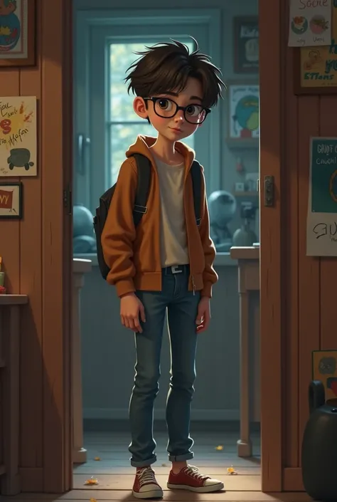 @Meta AI has created an image of a teenage boy with glasses and brown hair who looks shy and insecure high-waisted mom jeans secret clubhouse