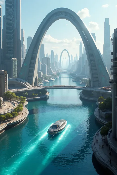 Sci Fi Future Industrial City With Crystal Clear Water Hub, Sci fi Small ship through on the water hub, Sci Fi Large Bridge, Sci Fi Elves City