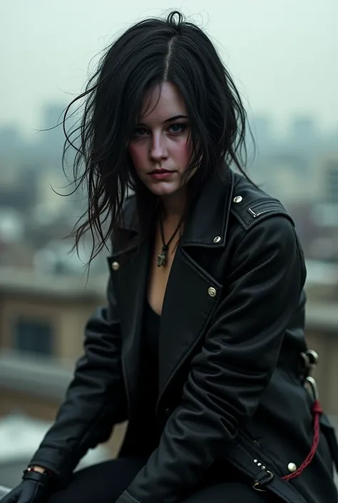 This woman, dark hair stuck up, als Assasine, on a roof,  realistic,  best quality 