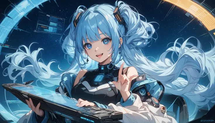 extreme long shot, distance away from the camera,  a beautiful blue-haired anime girl, feautring in an AI-powered world with a futuristic digital data-filled background. dark black and blue background, She has medium-length hair that shines like stars, lar...