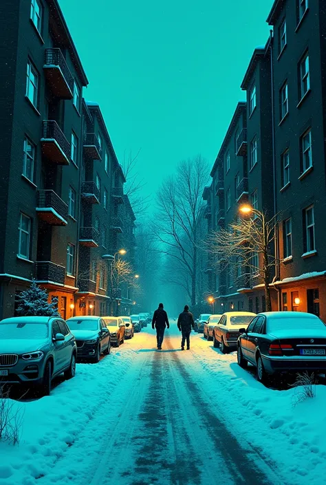 ink style. cyberpunk. grunge. dark blue colour pop style.  ink art. green cybernetic chrismas three in the centre of the wide inner yard of residential area, peoples walking, cars parking in snow side view. dark ambient immersive atmosphere.