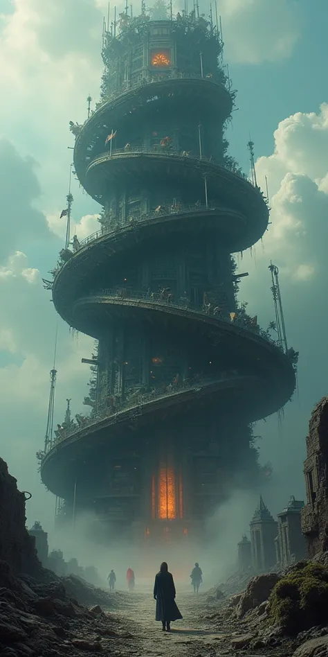 The Dark Tower, a colossal, spiraling monolith where bone and rusted metal fuse into a nightmarish architecture, stands defiantly at the nexus of three distinct, yet intertwined realities. One reality is a desolate wasteland, littered with the decaying hus...