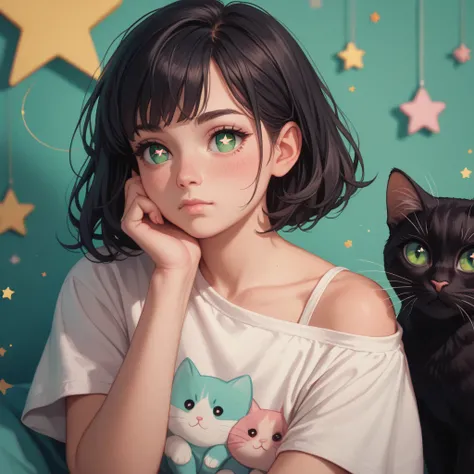 long black hair, star-shaped pupils, green eyes, blurry, bad room background, closed mouth, light pink blush, thinking, soft texture, pastel style, soft shading, dreamy atmosphere, melancholic expression, white off shoulder t shirt, with cat