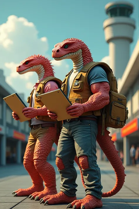 Rattlesnake and coral in the shape of muscular people wearing a cargo delivery vest with a clipboard in their hand and with an airport background 