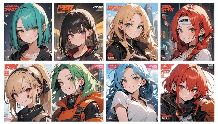 (The screen is divided into 6 parts,game),( beautiful girl : 1.3),6 girls,(protective clothing,headband, earrings, Assault Rifle),Blonde, black hair,Brown Hair, Silver Hair, red hair,Blue Hair,Green Hair, ponytail, bob cut, Straight Long Hair , shorter hai...