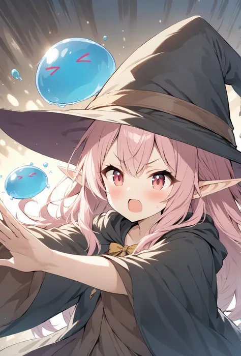  Elf Girl、 Wizard、 unkempt hair、 Pink Hair、 wizards robe and hat、Throwing slime 、 throwing motion