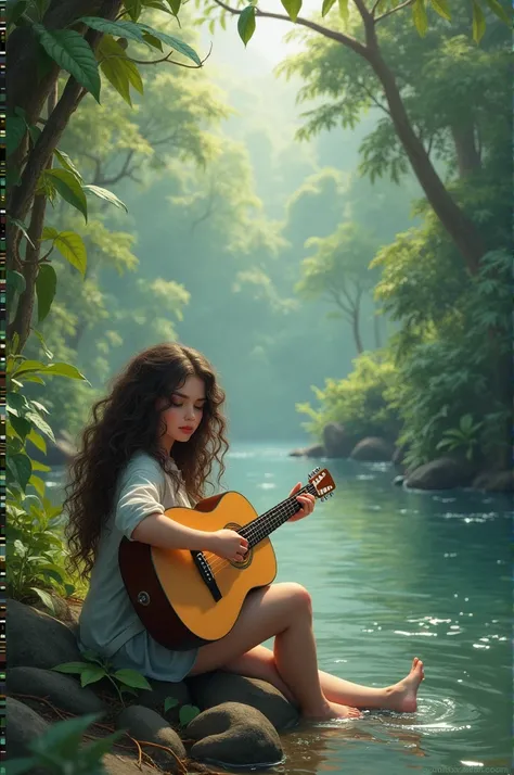 Butifull Long churly hair little bit chubby calm
  girl with her guitar in river side jungal