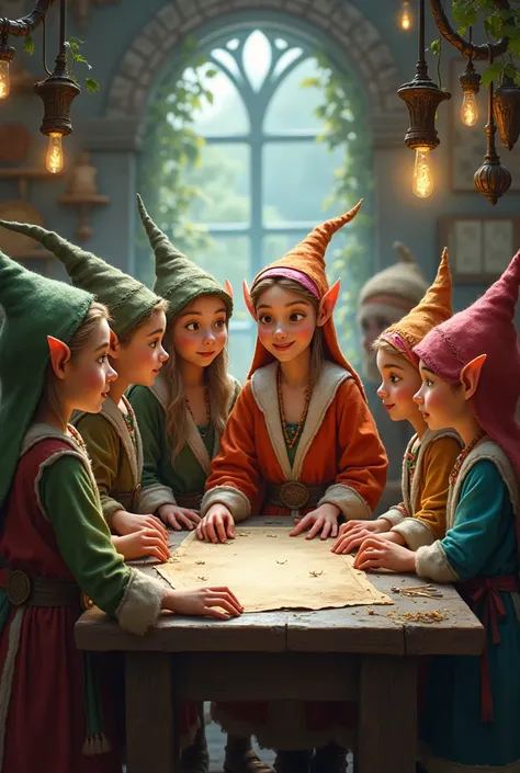 Thirteen elves, one designated as the supervisor among the group, engage in a collaborative activity within their whimsical workshop, displaying intricate details suggestive of elf craft, characterized by vibrant clothing, whimsical expression, and possibl...