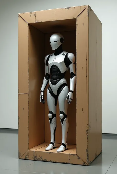 A robot Tesla Drawed in a big rectangular scuffed carton box  in art gallery 