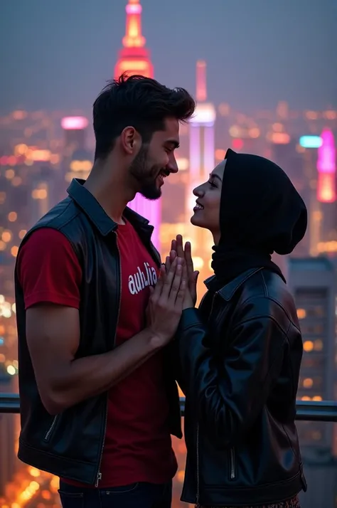 a handsome young man, wearing a red t-shirt with the name "AULIA", wearing a black jacket, and a beautiful girl, Asian, wearing a hijap, black t-shirt with the name "ARY" and a leather jacket, hand pose forming a symbol of love with both hands, sweet smile...