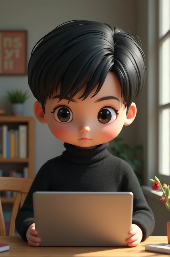 Realistic Hello Kitty boy in a black turtleneck behind a laptop