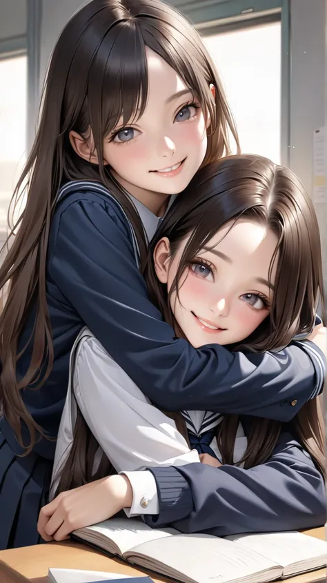 ultra-realism,  The girl has long hair ,two high school students are smiling and snuggling up in school uniforms