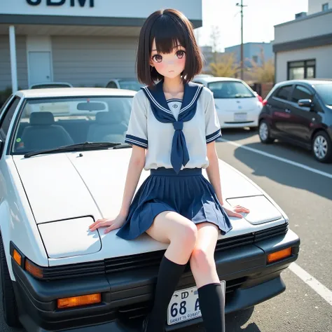 The image shows a young woman in a school uniform posing next to a white car Toyota AE86. She sitting on the hood of a car. She is wearing a blue skirt, a white blouse, and black knee-high socks. Her hair is styled in a bob with bangs and she is looking di...