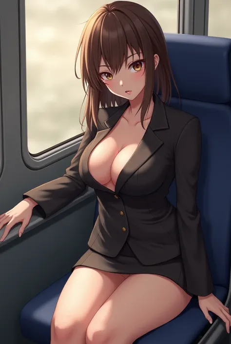  high definition ,  high detail, Brown Hair,  Big Breasts ,  opens her mouth slightly ,  heavy makeup , Slanted Eyes,  shy ,  sexy suit in miniskirt 、 Japanese、train chair 、 sitting with legs slightly open in front