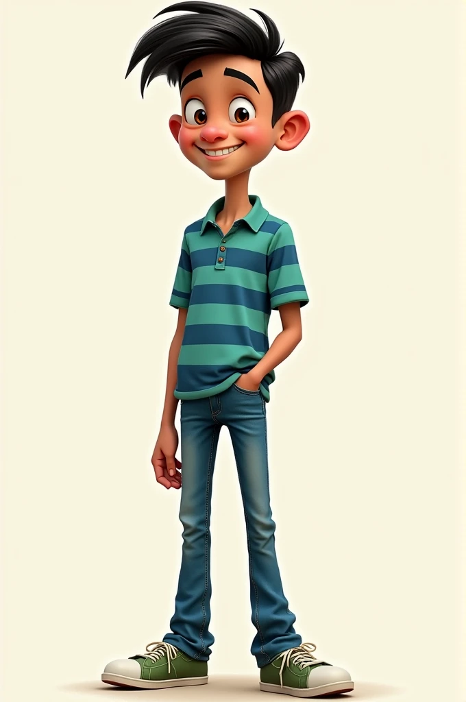 A  named arham, he is very skinny, he wears a blue stripped green shirt accompanied by blue jeans, his hairstyle is sidepuff