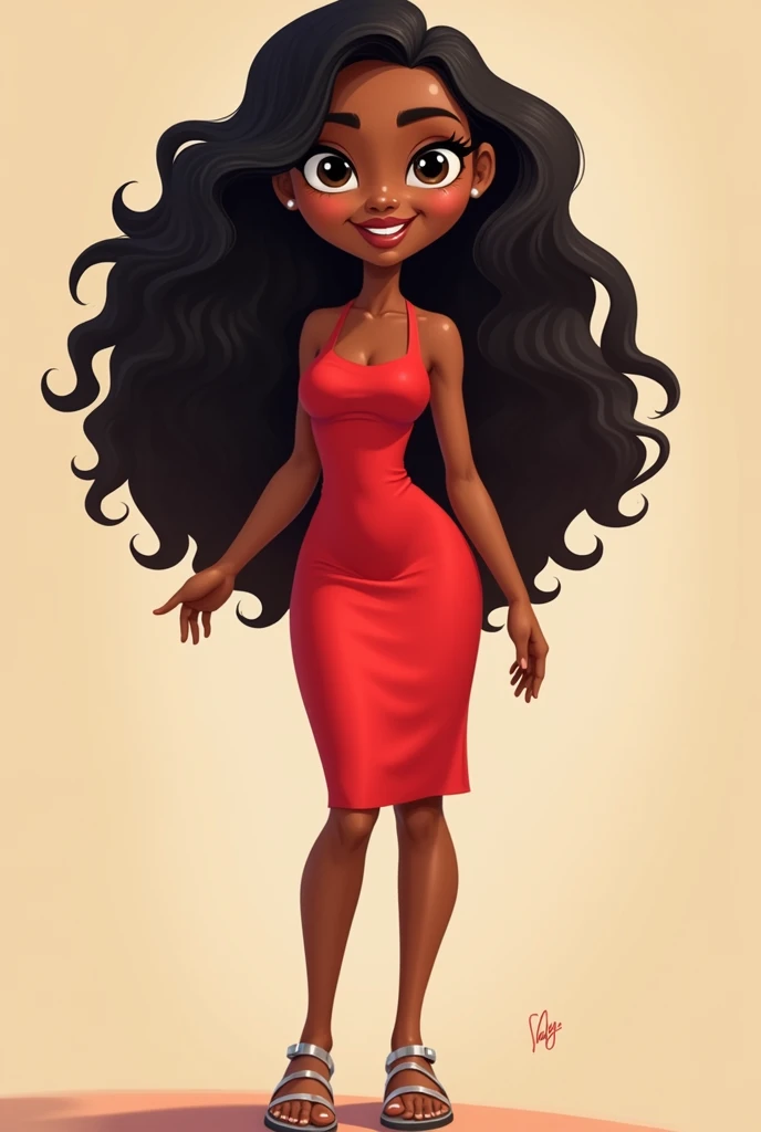  high quality, cartoon of a brown-skinned young woman with curly long dark hair wearing a red dress and shiny sandal on her feet