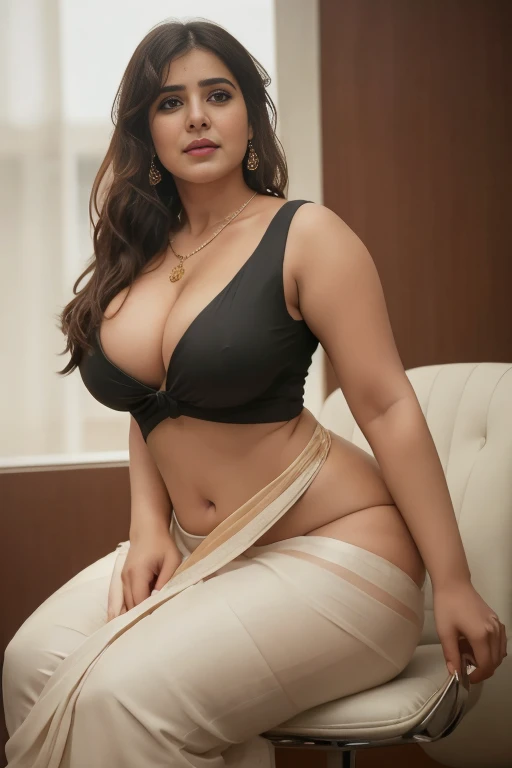 daytime view, full of samantha , wearing only saree, kneel down on all four on chair in office,fuck from behind, looking to camera, big and curvy cheeks, hourglass figure, sexy navel, deep cleavage,swooping breasts, ponytail, necklace, (cinematic:1.3), int...