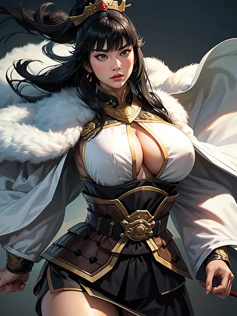  Koei Three Kingdoms Style, 1 woman,  huge boobs ,  wide hips,  thick thighs , , slender waist ,  Looking in front ,  long black hair ,  black hair , Straight bangs, Cut the bangs,  dark eyed, Chinese style white samurai armor, Viking fur cape 