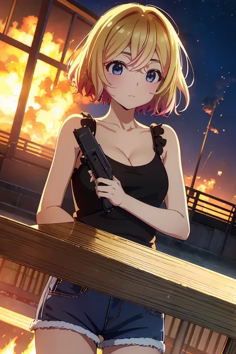 masterpiece, Highest quality anime illustrations, Super detailed,ultra high resolution、perfect lighting single girls, alone, Blonde、medium hair, anime , view at viewer,  cleavage、 black tank top seen above、 sexy black shorts、 handgun、at night、 fence、Explos...