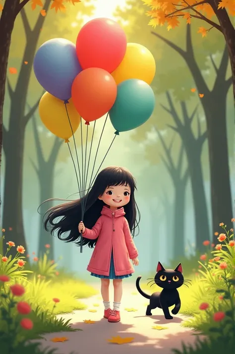  A  black long-haired chick,wear a pink jacket, holding colorful balloons  ,walking in the park with a sweet black cat 