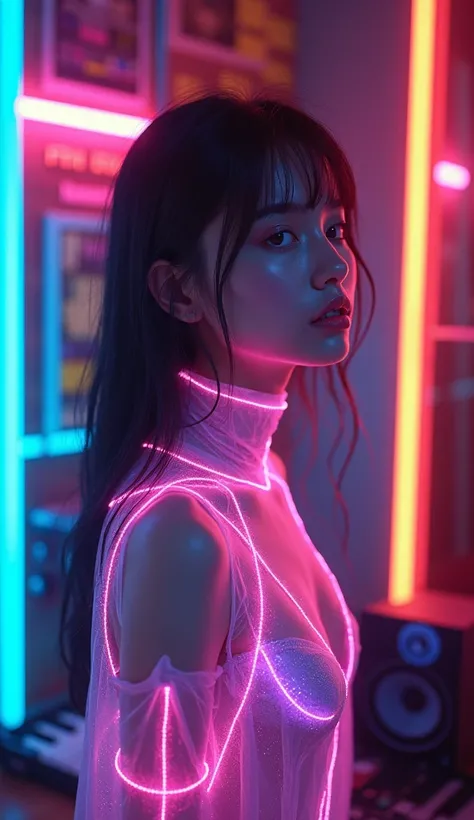  Draw a picture neon,  in it a beautiful neon girl , the picture should have a music cover room, in the form of a portrait 