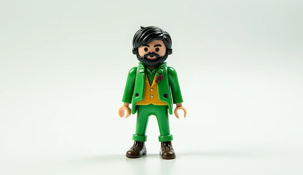  white background, Playmobil of a man with black hair and black beard dressed in green