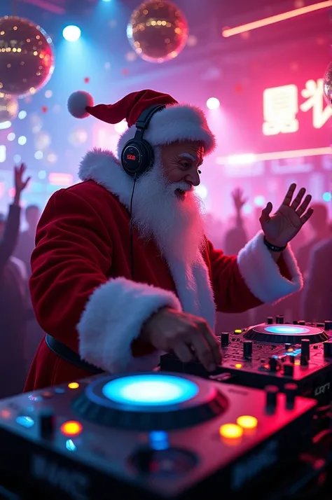 Crazy Santa as a dj in the night club