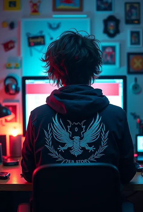  looks from behind a messy haired young man sitting in front of a computer desk Hackers desk Wallpaper and Indonesian Flag, using a KY STORE jacket with a white Dragon emblem and a lot of 3D animations on the wall