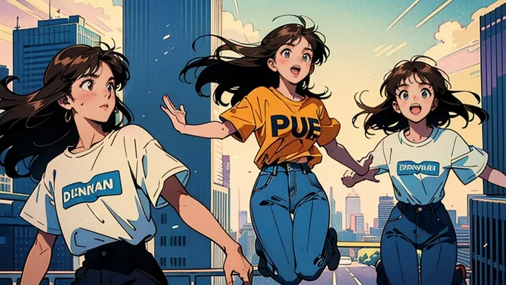 Best Quality, 8k, 1990s Style,    2010s Hairstyle  ,    girl,   Brown Hair  , Long Hair,      Uncontrollable Light Brown Eyes ,     city pop, pants ,  T-shirt Jumping  , Jumping Man  、There is movement