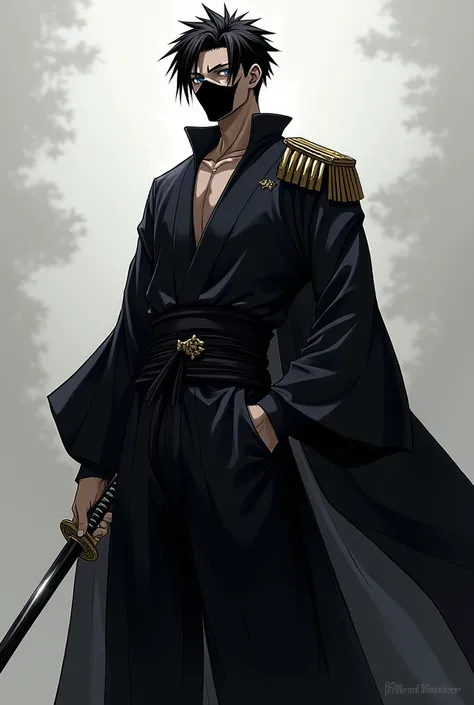 Black hair fade slick back, Shinigami Captain, Bleach. Shihakusho, katana, face mask