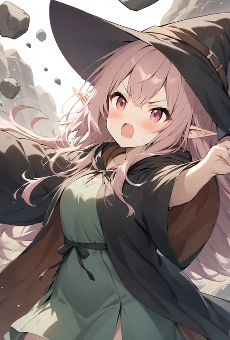  Elf Girl、 Wizard、 unkempt hair、 Pink Hair、 wizards robe and hat、Rock Throwing 、Rock Throwing 魔法使い、gesture of throwing