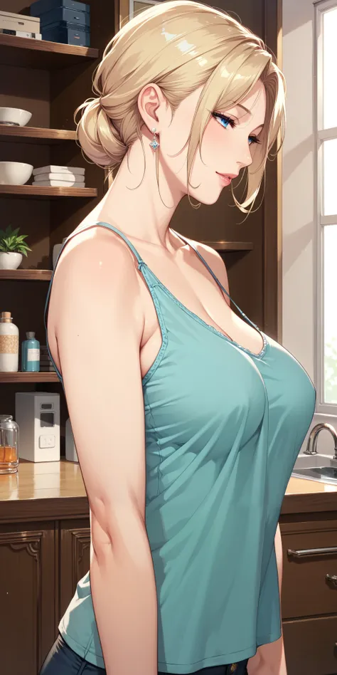 score_9, score_8_up, score_7_up, blonde, chignon hair, blue eyes, perfect eyes, anime milf, elegant mature woman, camisole, home, soft light