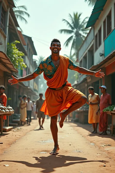 Cristiano Ronaldo as a fish seller moving a cartwheel on the street of kerala by wearing Kerala style dress