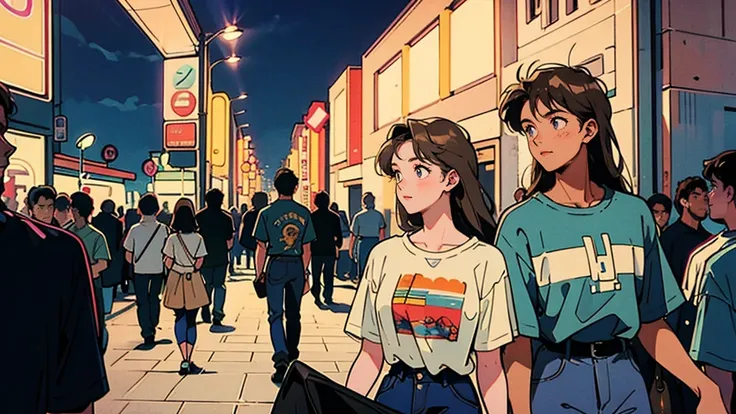 Best Quality, 8k, 1990s Style,  2010s hairstyle ,  girl,   Brown Hair  , Long Hair,   Cant control my light brown eyes ,   city pop, pants ,Night view,   chair during my trip to Spain,T-Shirts