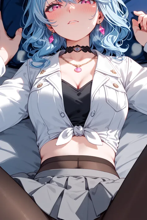 romancing saga 2, medium hair, pink eyes, light blue hair, (wavy hair:0.3), hair ornament, black hairband,
choker, necklace、(jewelry, white jacket, pantyhose, cropped shirt,tied shirt, grey skirt)
BREAK
25 year old woman、medium breasts,sexy Lip、Moist eyes、...