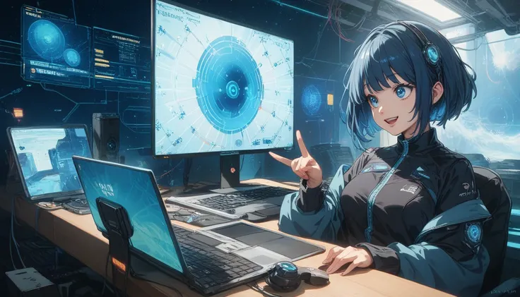 extreme long shot, distance away from the camera, a beautiful blue- short haired anime girl, feautring in an AI-powered computer labs with a futuristic digital data-filled background. dark black and blue background, She has medium-length hair that shines l...