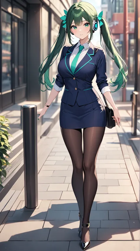 A woman wearing a office lady uniform.A woman wearing a miniskirt, impressive cute shoes.
.Her is the whole body standing. green in color, sexy and popular with women all over the world. She likes the color green. Front view from head to toe. Sexy shoes. G...