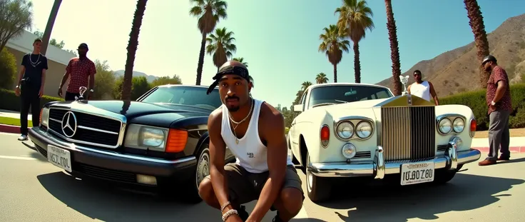 Wide-angle, detailed photograph of Tupac Shakur as the central figure, with his iconic facial features, including his distinctive nose ring, soul patch, and bandana tied around his head. Tupac is crouching next to a black Mercedes-Benz, wearing baggy blue ...