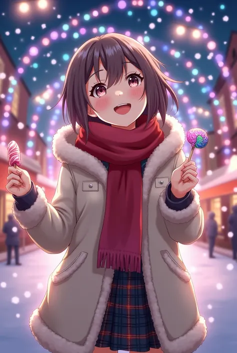 With the winter cityscape at night in the background 、 x} A cute girl about  is looking up at the sparkling illuminations。 She is wearing a warm red scarf and a fluffy white coat with a hood 、 plaid skirt and thick tights 。 colorful candy in one hand 、 in ...