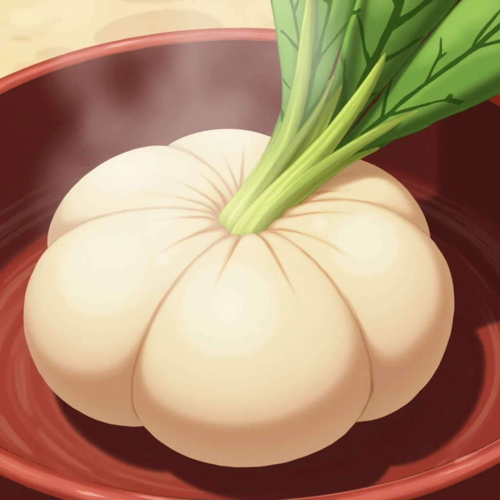 (masterpiece, top quality, very detailed depiction, Incredible Hi-Res,High quality anime images),White Radish Shaped Bun , looks delicious, steam , Green Leaves 