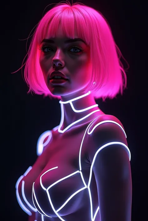  beautiful woman with neon pink bob hairstyle, glowing lines on the body , black background,  flashlight,  neon style ,  digital art  Greg Rutkowski .