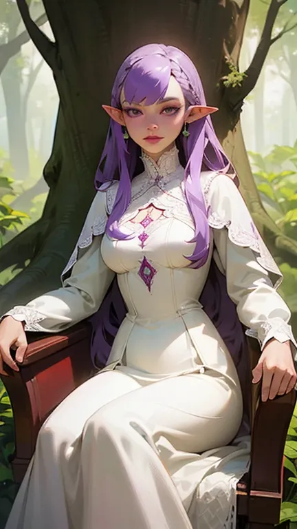  Make an image of a beautiful woman , white-skinned ,  in a white lace and embroidered dress , purple hair,  pointy ears and burgundy lips .  Sitting on a throne made of tree roots ,  with a thunderous tree in the background of a shady garden.