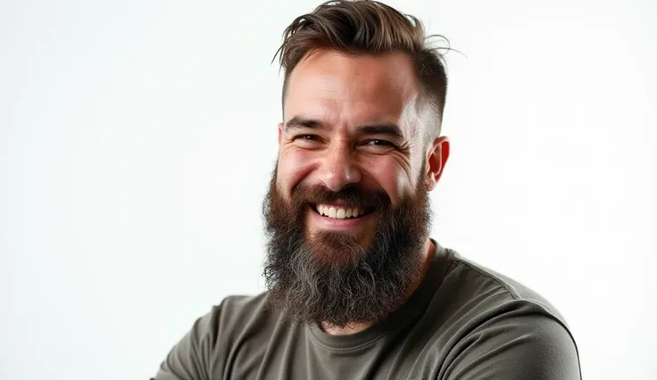  white background,The Laymobil Masculito, powerful smile , beard