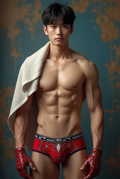 Handsome and sexy Korean Teenageer, teen, young, boy, shirtless, Towel around the neck, iron Spider underwear open on one side and showing his sixpack abs, muscular, sixpack, young, front view, Korean idol, biceps and triceps, Iron Spider gloves, photo rea...