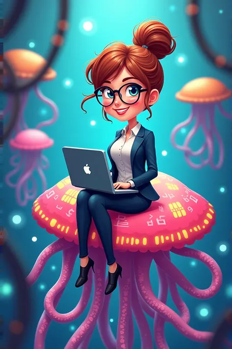  Cartoon female computer teacher figure, wear glasses, sitting on tech jellyfish 