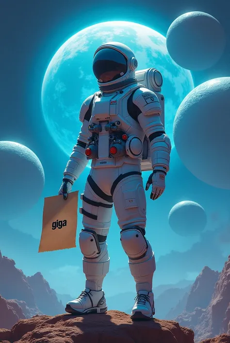 An astronaut standing against the blue planets and holding a piece of paper that says Giga